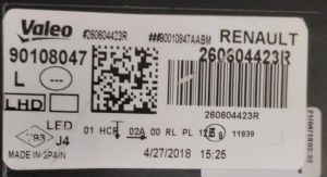 RENAULT MEGANE IV ICON LED SOL FAR 15-20 ORIJINAL CIKMA 260608405R 90108047