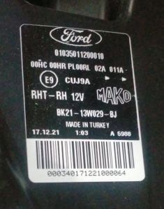 FORD TRANSIT CUSTOM SAG FAR 12-17 ORIJINAL SIFIR BK2113W029BJ
