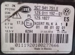 VOLKSWAGEN JETTA XENON LED SOL FAR 11-18 ORIJINAL CIKMA 5C7941751E 1ZS011192-01 5C7941751C