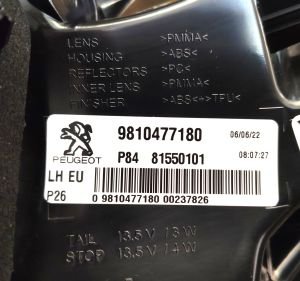 PEUGEOT 3008 SOL DIS STOP 16-20 ORIJINAL SIFIR 9810477180