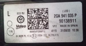 VOLKSWAGEN T-ROC FULL LED SOL FAR 18-22 ORIJINAL CIKMA 2GA941035P