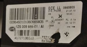 BMW X6 E71 E72 XENON SOL FAR 07-15 ORIJINAL CIKMA 1Z009646-01